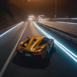 a sports car drives through an intersection in the night