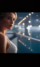 woman posing by a railing in front of a window at night