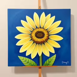 a yellow flower is painted on a blue background