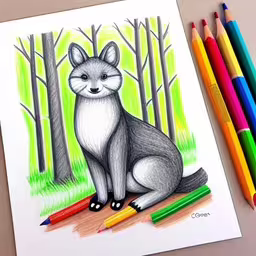 a colored drawing with colored pencils next to it