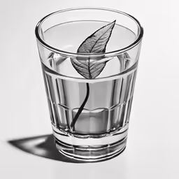 a glass with a small leaf in the middle