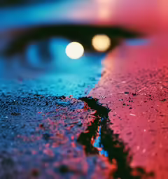 close up view of an object on the ground with lights and drops of water