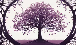 an abstract painting of a purple and white tree,a tree with the leaves blowing in the wind