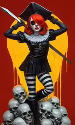 a lady with bloody makeup and a hat holding two knives