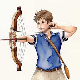 a boy is holding a bow and an arrow,a watercolor painting of a young man with a bow and arrows
