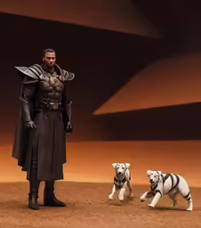 two dogs and a man in costume standing next to each other