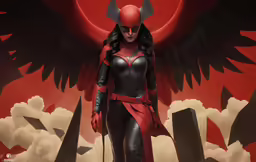 a model wearing a red costume with black wings on her shoulders