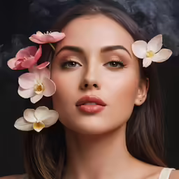 a woman smoking cigarettes surrounded by flowers