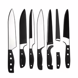 several knives are lined up with their black handles