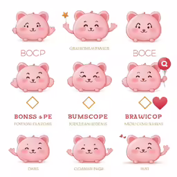 a pink cartoon bear showing the different expressions and character