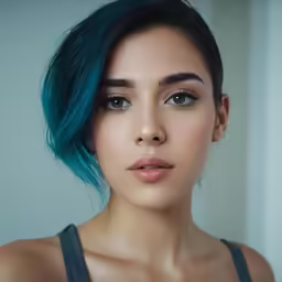 a woman with blue hair wearing grey tank top