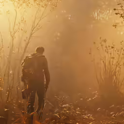 a man with a backpack on hiking through a field