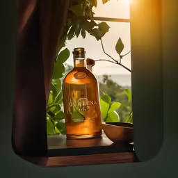a bottle of whisky sitting on top of a window sill
