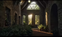 the lights from inside of a church shine on the plants and trees outside