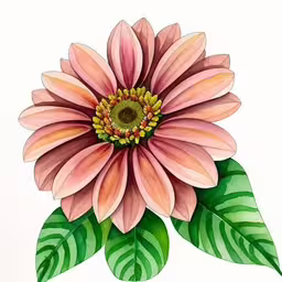 a painting of a pink flower and green leaves,an illustration of a pink flower with green leaves,a large flower is sitting next to two green leaves,a large pink flower with green leaves on a white background,a watercolor drawing of a large pink flower with green leaves