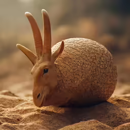 a goat head laying down on top of a sandy ground