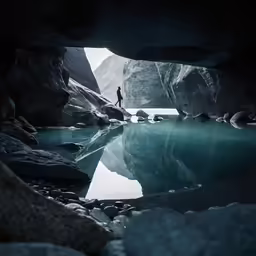 a person standing in a cave on a lake