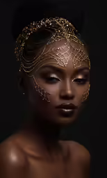 a woman with golden body art and face tattoos