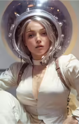woman in astronaut uniform standing under lamp
