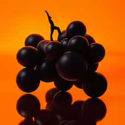 a bunch of black grapes on an orange background
