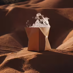 a smoke filled box on the ground at sunset
