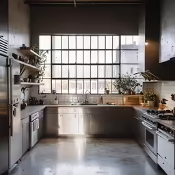 a kitchen with metal appliances and a stove