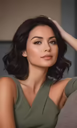 a woman wearing a green shirt and dress is posing for a photo