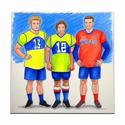 a drawing of three boys in different colored jerseys,three kids are in different colored jerseys with socks