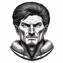 a black and white portrait of the character, harrison