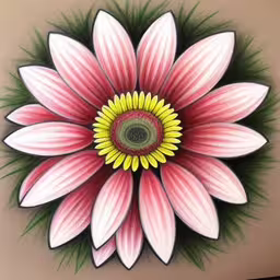 the colorful flower is painted on a wall,a white flower is painted on a tan wall,a painted flower sitting on top of a wall,a flower on the side of a wall,a white flower with a green center is on the wall
