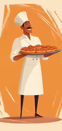 a man in chef clothes holding a pizza on a pan