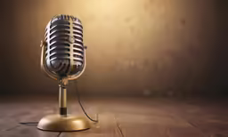 the old microphone is standing on a wooden table