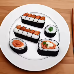 plated food items including small pieces of sushi