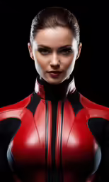 a young lady dressed in leather, red and black