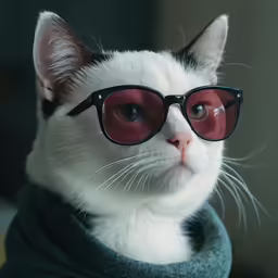 white cat wearing glasses looking to the side