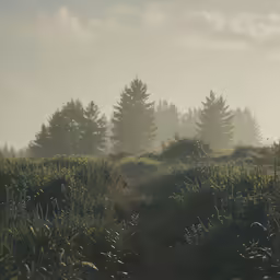 a path leading to a field with fog covering the trees