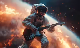 a person holding a guitar on top of a fire