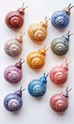 different colors of snails on a white surface