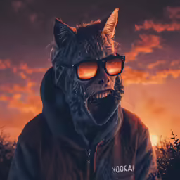 an old man wearing cat eye glasses at sunset