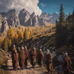 six monks walking up the road toward the mountains