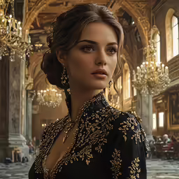 a woman is standing in a hall in an ornate building