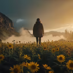 a man walks in front of sunflowers on a foggy morning