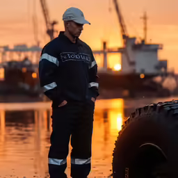 a man stands near a tire in front of an ocean