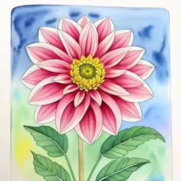 an illustration of a pink flower with green leaves,a large pink flower with green leaves is shown in the water,there is a drawing with flowers on it,pink flower painted on watercolor paper,a painting of a flower on a tile
