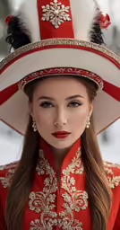a woman with long hair wearing a red and white hat