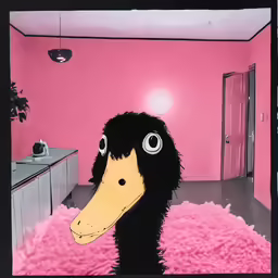this is an image of a pink room with black and yellow animal