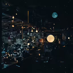 a photo of a dark room with lights hanging