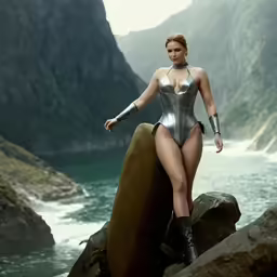 the woman is dressed in a shiny metal outfit