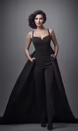 a woman in black is standing and posing