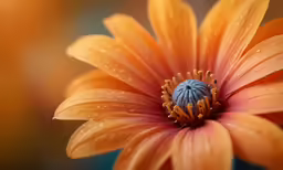 an orange and blue flower with water droplets on it